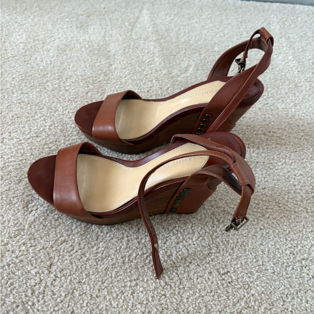 Gianni Bini Tan Leather Wedge Sandals